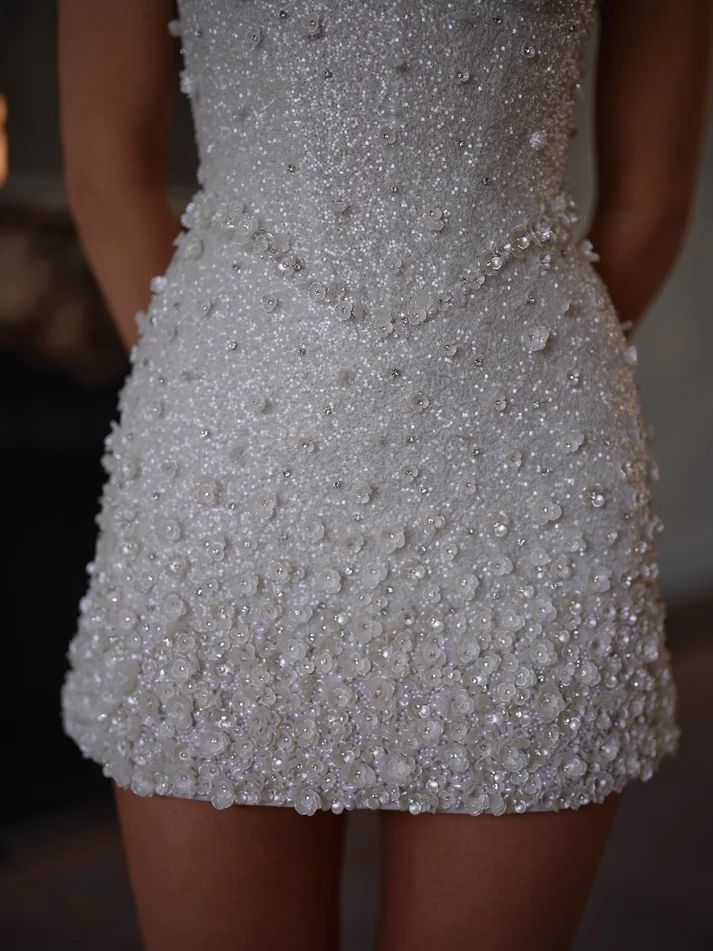 Shiny White Spaghetti Strap Mini Homecoming Dress, 3D Floral Rhinestone Sequin Sparkly Short Evening Dress D3162