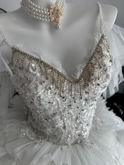 Fairy Spaghetti Straps White Tulle Ruffle Beaded Long Wedding Dress Bridal Dress D3696