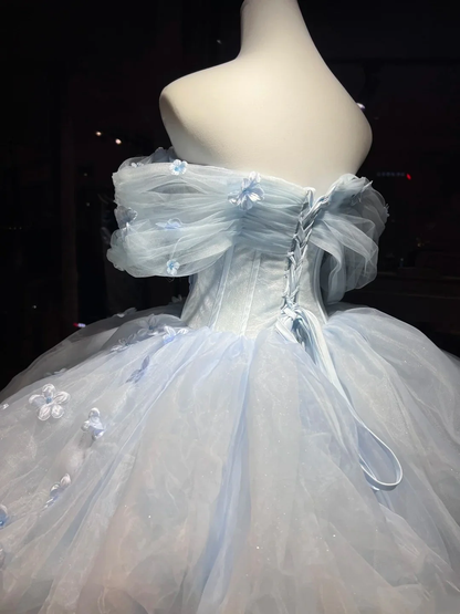 Elegant Off The Shoulder Blue Tulle Layered Appliques Ball Gown Sweet 16 Dress Quinceanera Dress D1884