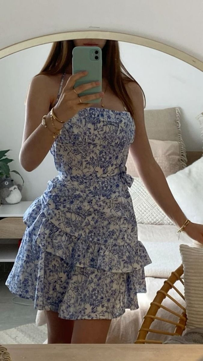 Elegant Blue Satin Printed Floral Short 7th Grade Homecoming Dress,Halter Mini Cocktail Dress D3284