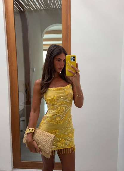 Gorgeous Yellow Satin Sequin Beaded Short Homecoming Dress,Backless Mini Party Dress D3406