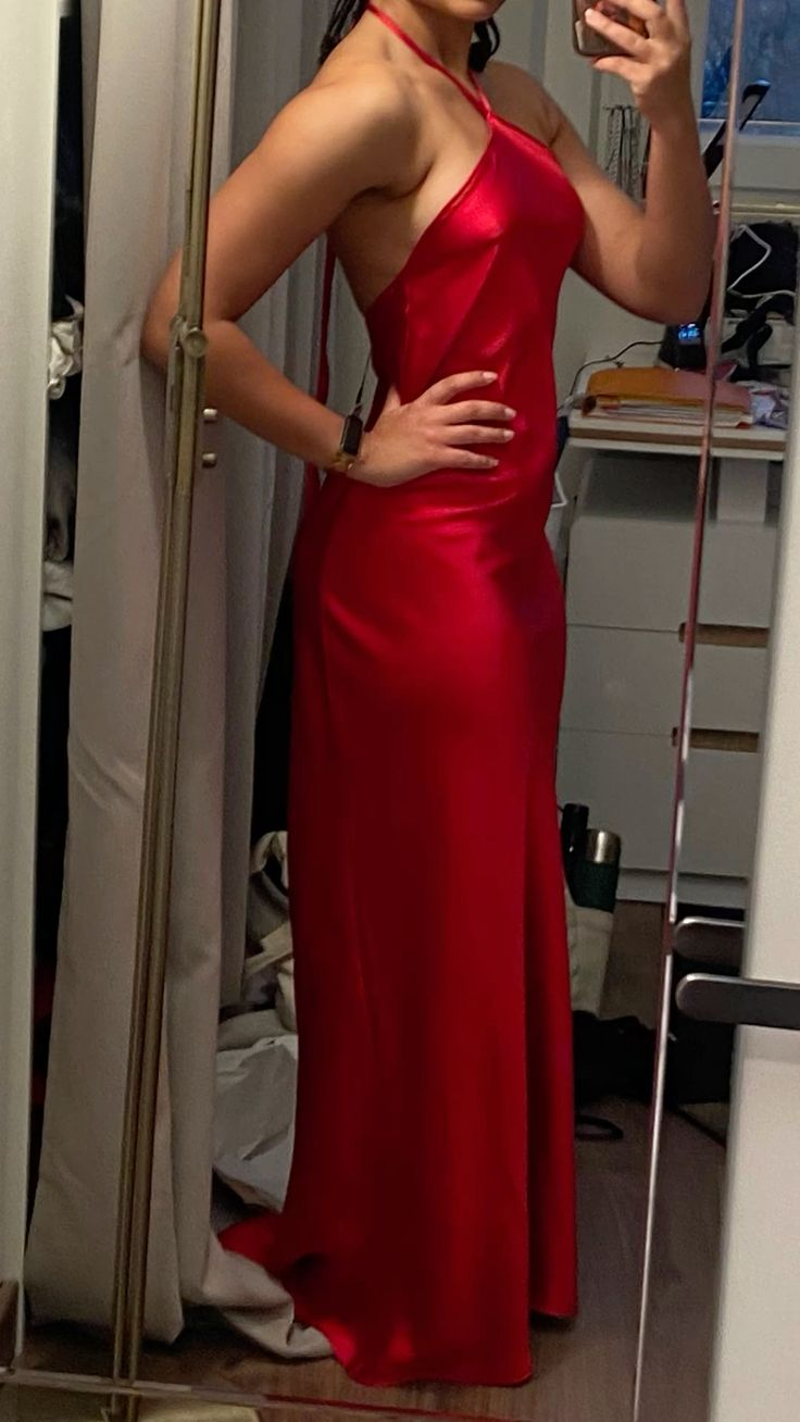 Sexy Halter Red Satin Mermaid Long Party Dress Prom Gown D3418