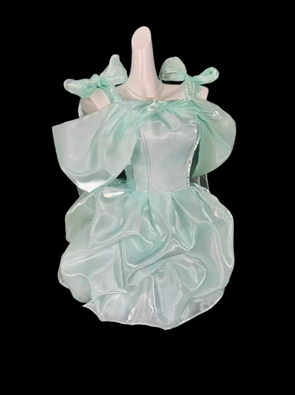 Elegant Mint Green Organza Pleated A Line Short 20th Birthday Outfits,Off The Shoulder Mini Homecoming Dress D4168