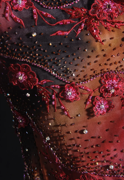 Vintage Embroidered Floral Chiffon Ruffle Mermaid Evening Dress Strapless Long Party Dress D2260