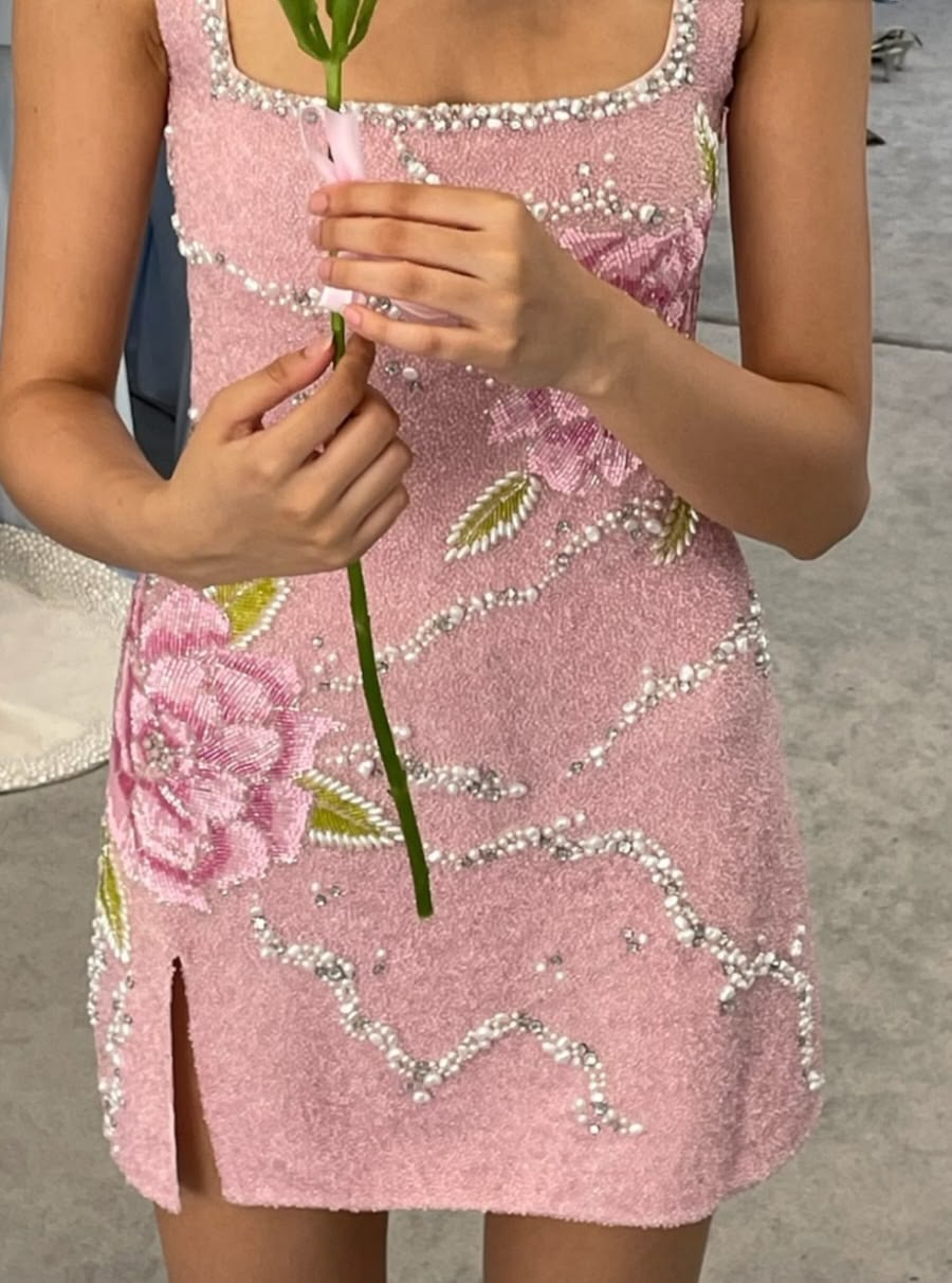 Pretty Pink Sequin Beaded Floral Sheath Slit Cocktail Dress,Short 7th Grade Homecoming Dress D3657