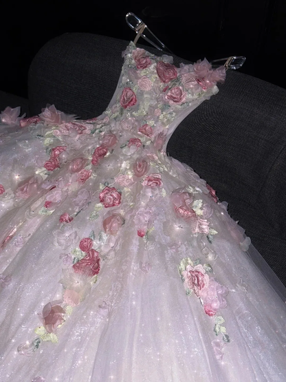 Glamorous Ball Gown Strapless White Floral Tulle Sequin Long Wedding Dress Bridal Dress D4559