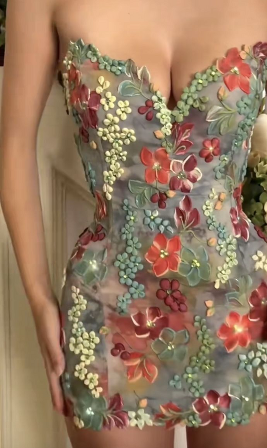 Vintage Green Strapless Lace Floral Sheath Short Party Dress Homecoming Dress Formal Birthday Outfits D517