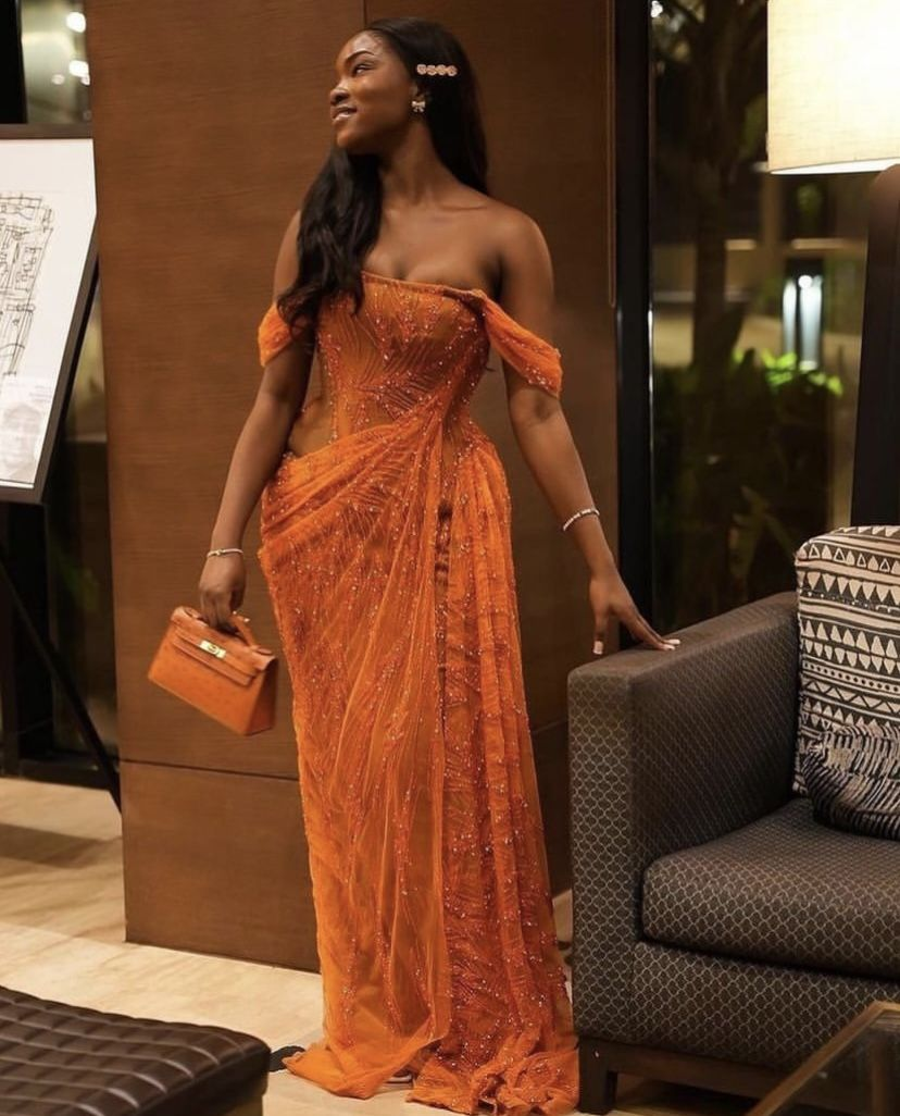 Pretty Off The Shoulder Orange Tulle Beaded Mermaid Evening Dress Long Wedding Guest Dress D2975