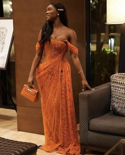 Pretty Off The Shoulder Orange Tulle Beaded Mermaid Evening Dress Long Wedding Guest Dress D2975