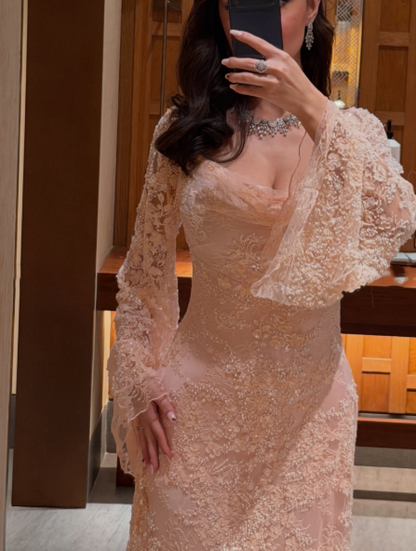 Elegant Pink Lace Sequin Appliques Mermaid Long Prom Dress Evening Dress D4921