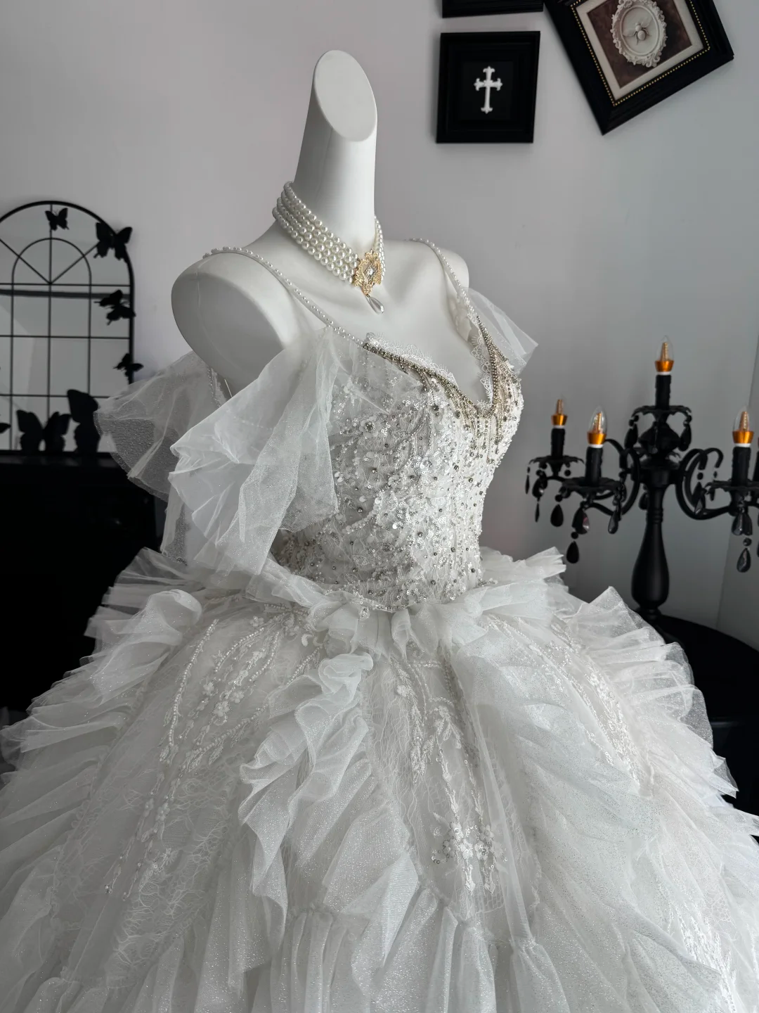 Fairy Spaghetti Straps White Tulle Ruffle Beaded Long Wedding Dress Bridal Dress D3696