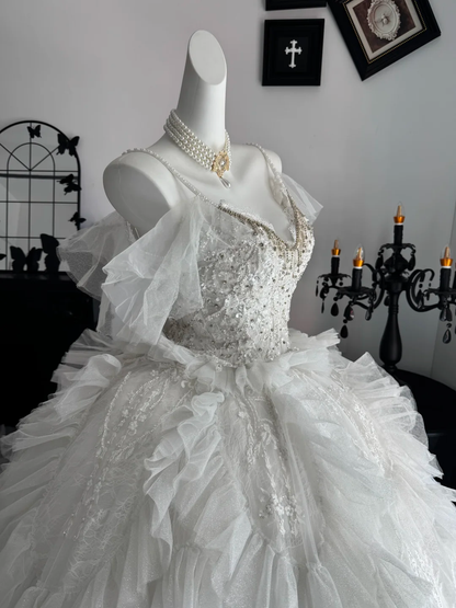 Fairy Spaghetti Straps White Tulle Ruffle Beaded Long Wedding Dress Bridal Dress D3696