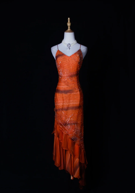 Pretty Orange Spaghetti Straps Chiffon Beaded Ruffle Mermaid Long Prom Dress Evening Gown D2268