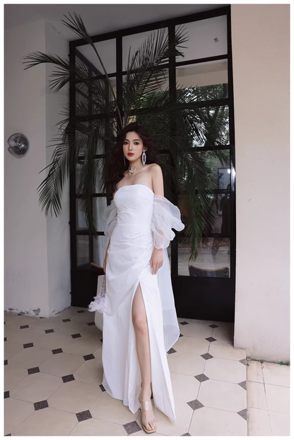 Classy Off The Shoulder White Satin Slit Mermaid Long Party Dress Birthday Evening Dress D2421
