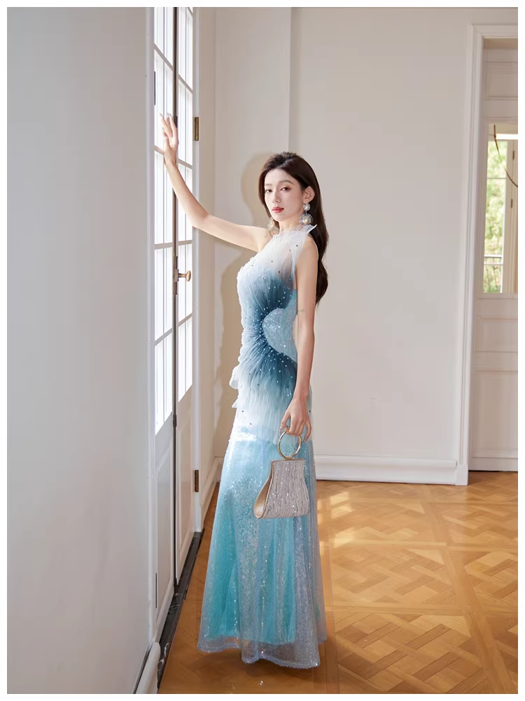 Glamorous Blue Tulle Sequin Mermaid Long Evening Dress Formal 19th Birthday Outfits With Beads D2400