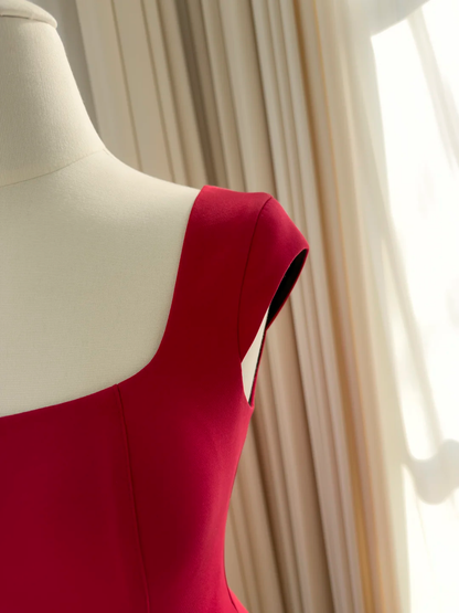 Fashion Sleeveless Satin A Line Long Wedding Guest Dress,Red Evening Dress Prom Dress D2988