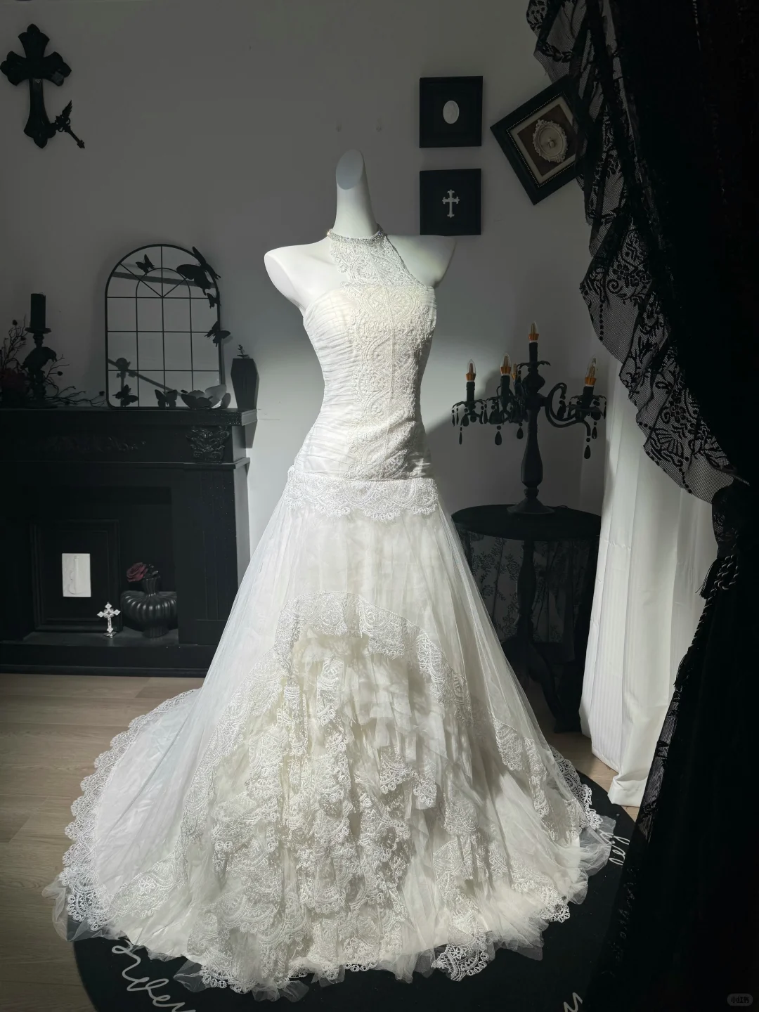 Elegant Halter White Tulle Lace Mermaid Long Party Dress Evening Dress D3726