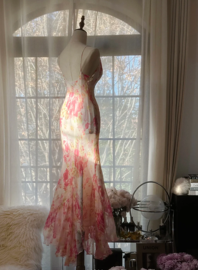 Glamorous Spaghetti Straps Chiffon Print Floral Mermaid Evening Dress Pink Long Party Dress D2102