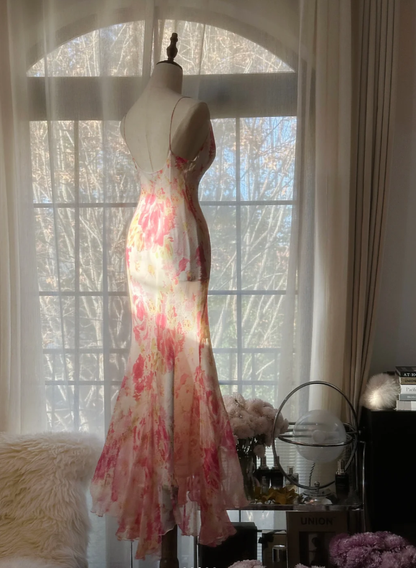 Glamorous Spaghetti Straps Chiffon Print Floral Mermaid Evening Dress Pink Long Party Dress D2102