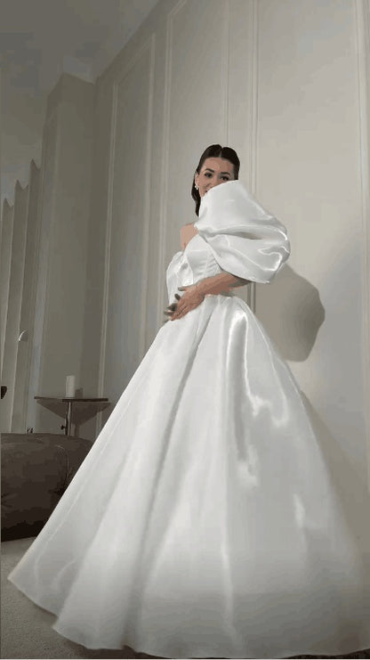 Elegant Off The Shoulder White Tulle Satin Long Party Dress Birthday Evening Dress D4753
