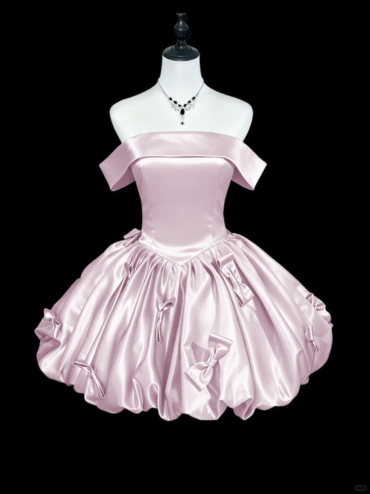 Classy Off The Shoulder Satin A Line Short 6th Grade Homecoming Dress,Blue Mini Birthday Dress With Bow D2794