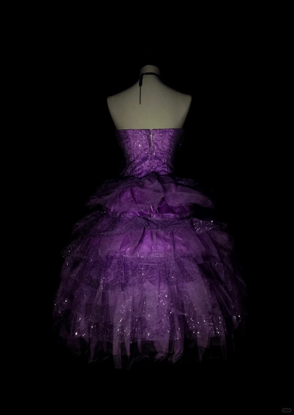Shiny Purple Tulle Sequin A Line Short Homecoming Dress,Strapless Mini Birthday Prom Dress D4070