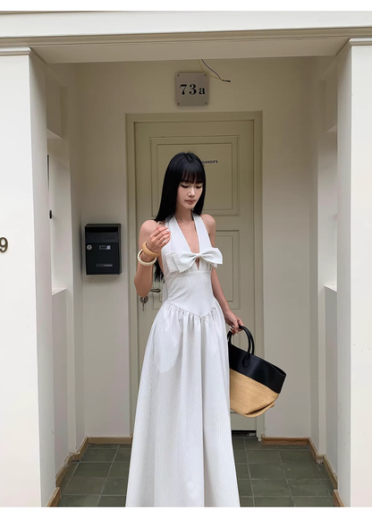 Cute Halter  A-Line Black White Striped Butterfly Bow V-Neck Long Evening Dress Birthday Party Gown D2083