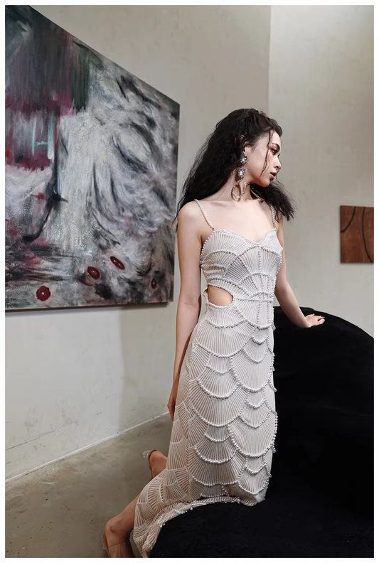 Unique Spaghetti Straps Sequin Pearls Sheath Slit Long Party Dress Birthday Evening Gown D2452