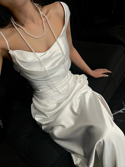 Classy Spaghetti Straps White Satin Long Wedding Dress S654