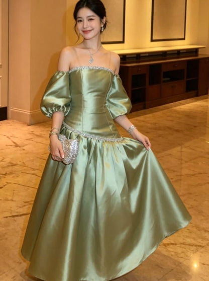 Elegant Sage Green Satin Beaded Long Party Dress Off The Shoulder Long Evening Dress D4751