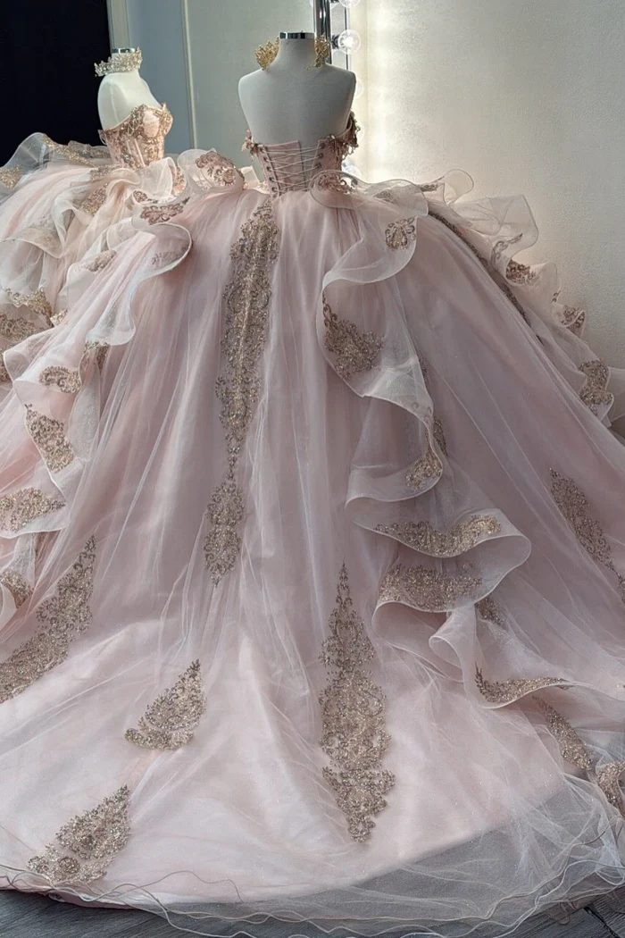 Pretty Pink Off The Shoulder Tulle Beaded Appliques Quinceanera Dress Sweet 16 Dress D1393