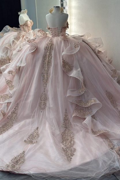 Pretty Pink Off The Shoulder Tulle Beaded Appliques Quinceanera Dress Sweet 16 Dress D1393
