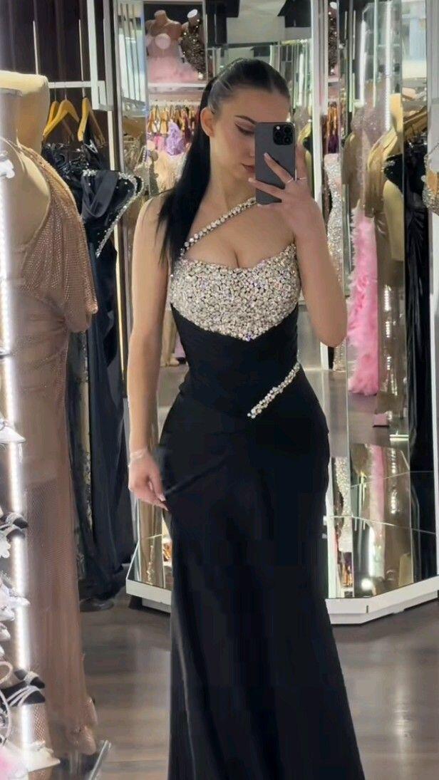 Sparkly Satin Beaded Mermaid Evening Dress Black Long Party Dress D5154