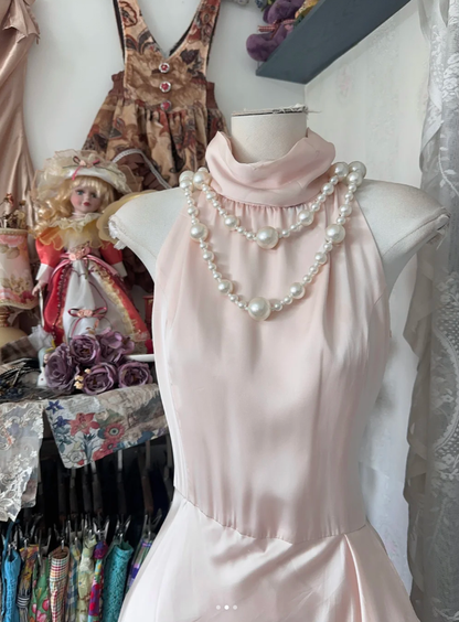 Classy Sleeveless Light Pink Chiffon Satin Mermaid Evening Dress Birthday Prom Dress D1288