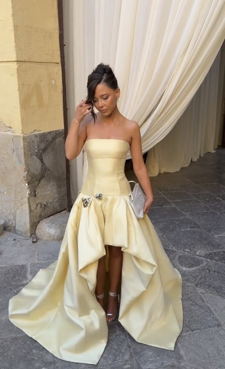 Pretty Yellow Satin Pleated Long Evening Dress Strapless Long Wedding Guest Dress D4785