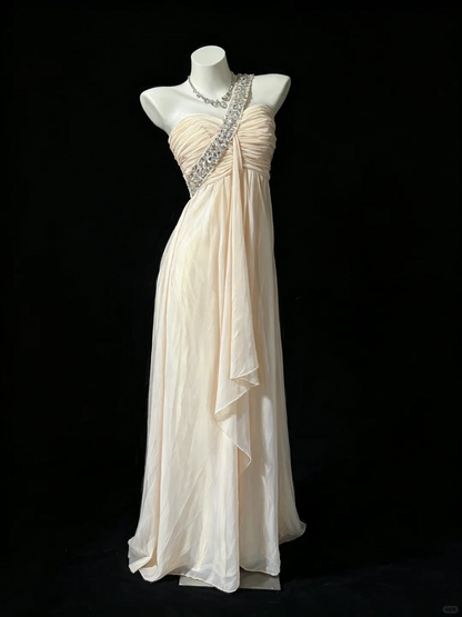 Elegant Nude Apricot Chiffon Beaded Party Dress One Shoulder Evening Dress D5262