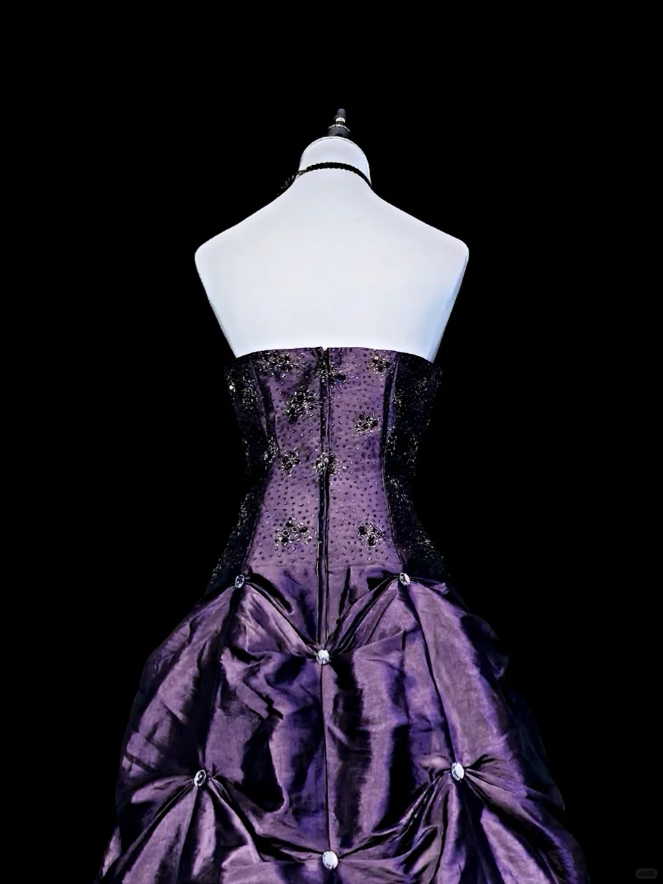 Vintage Purple Strapless Satin Beaded Long Party Dress Evening Dress D5371