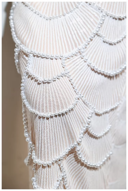 Unique Spaghetti Straps Sequin Pearls Sheath Slit Long Party Dress Birthday Evening Gown D2452