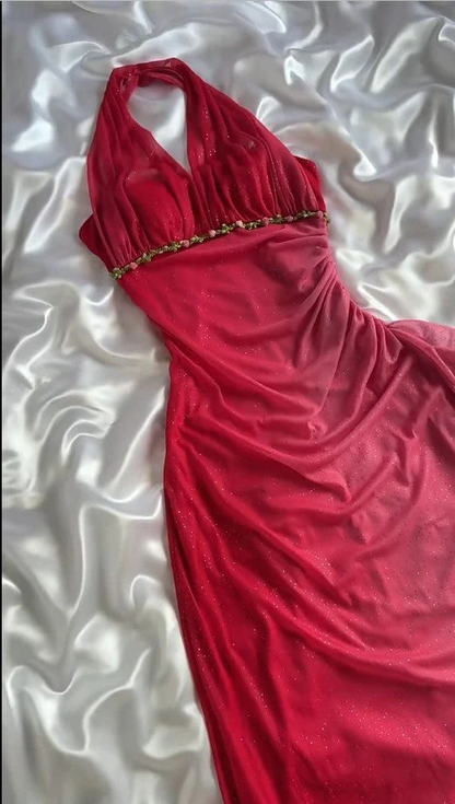 Classy Ombre Pink Halter Chiffon Ruffles Sheath Party Dress Glitter Long Prom Dress D1484