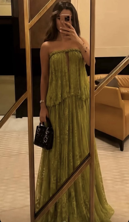 Classy Strapless Olive Green Lace A Line Long Party Dress Prom Dresses D4928