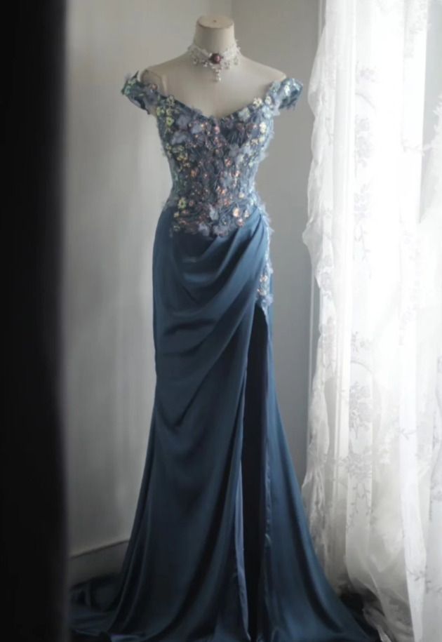 Gorgeous Off The Shoulder V Neck Satin Sequin Appliques Evening Dress Long Mermaid Slit Prom Dresses D2203