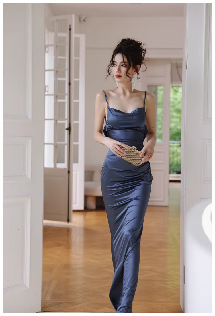 Classy Spaghetti Strap Blue Satin Mermaid Backless Evening Dress Long Wedding Guest Dress D2405