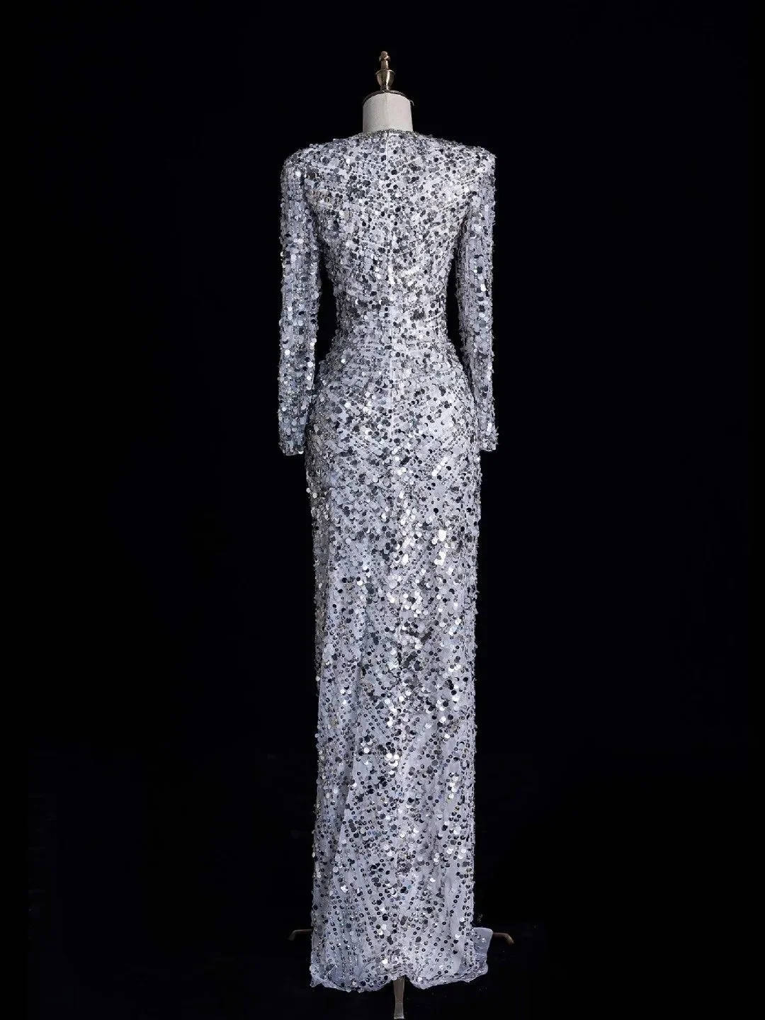 Sparkly V Neck Silver Sequin Beaded Sheath Long Party Dress Evening Dress With Ruched D4851