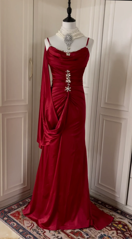 Charming Burgundy Satin Beaded Mermaid Evening Dress,Spaghetti Straps Long Wedding Guest Dress D3110
