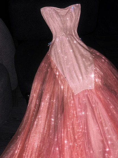 Pretty Strapless Satin Tulle Sequin Beaded Long Party Dress Pink Mermaid Long Evening Dress D4561