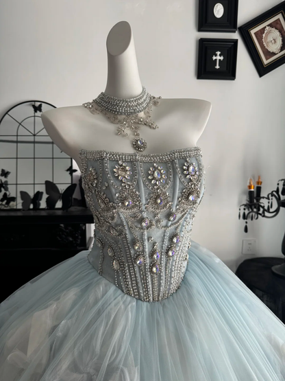 Elegant Strapless Blue Tulle Pleated Beaded Long Birthday Quinceanera Dress Sweet 15 Dress D4715