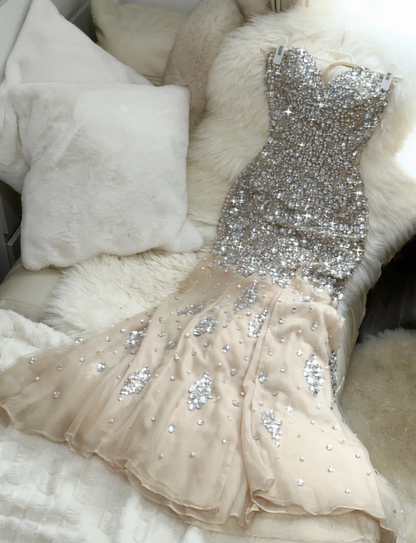 Vintage Strapless Apricot Chiffon Beaded Mermaid Long Party Dress Evening Dress D2076