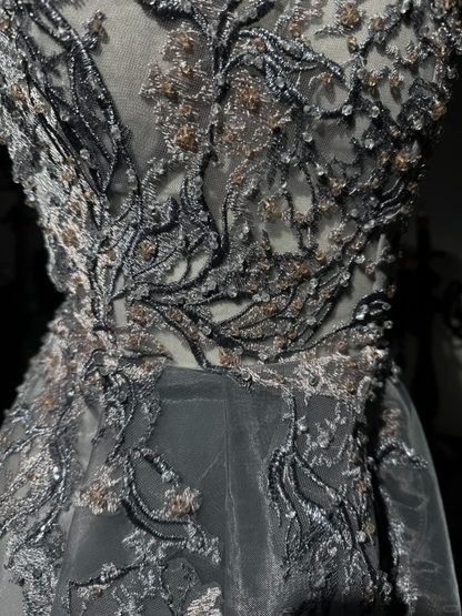 Glamorous Gray Strapless Tulle Appliques Beaded Long Party Dress Evening Gown D3729