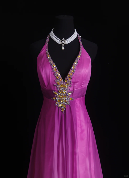 Elegant Halter V Neck Fuchsia Chiffon Beaded Party Dress Formal Long Wedding Guest Dress D2851