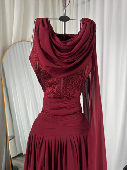 Classy Burgundy Chiffon Slit Mermaid Long Wedding Guest Dress Birthday Evening Dress D1949